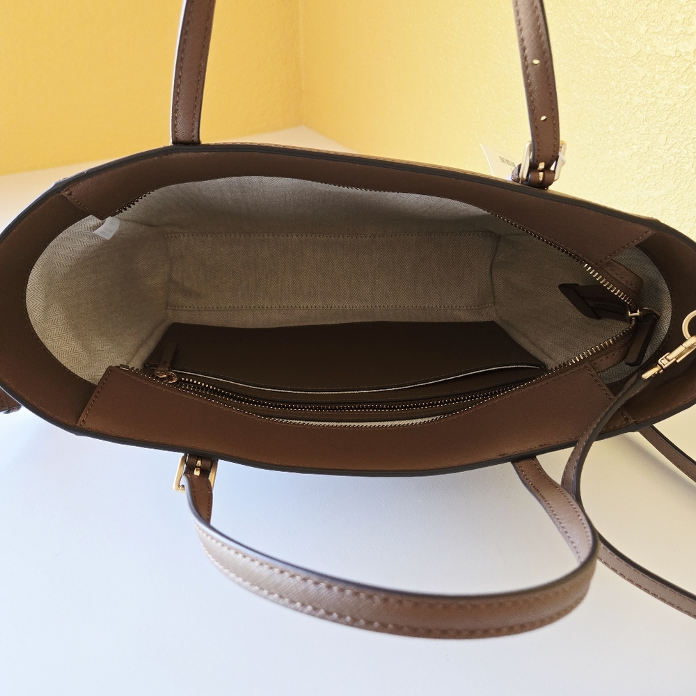 Tory Burch Emerson Top Zip Tote Moose Brown Saffiano Leather Crossbody Bag - Picture 11 of 16